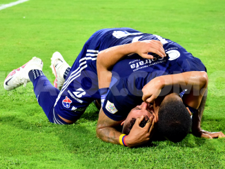 Celebración del DIM en el partido de ida.