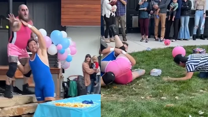 En el video viral, dos luchadores se pelean durante una revelación de sexo del bebé.