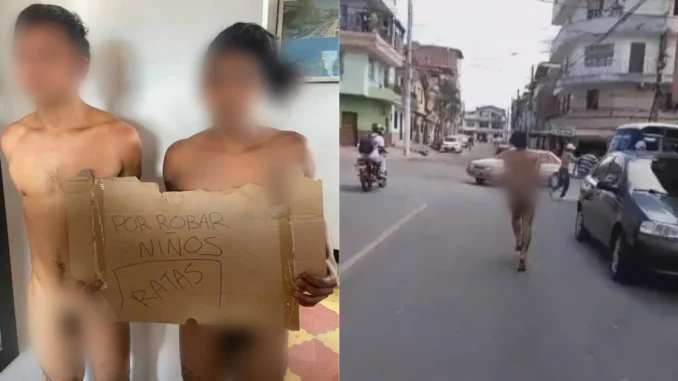 En los videos se ve como las personas obligan a los supuestos ladrones a correr por las calles del barrio El Faraón, en Manrique.