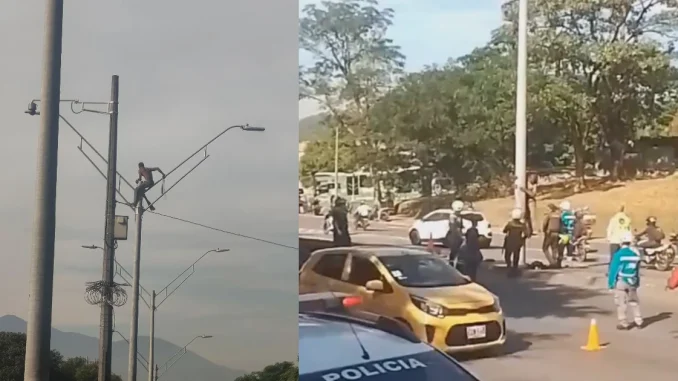 El hombre permaneció en lo alto del poste cerca a la Terminal del Norte por poco más de media hora.